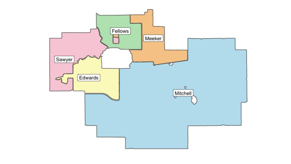 Map showing outlines of Ames public school districts labeled by district name