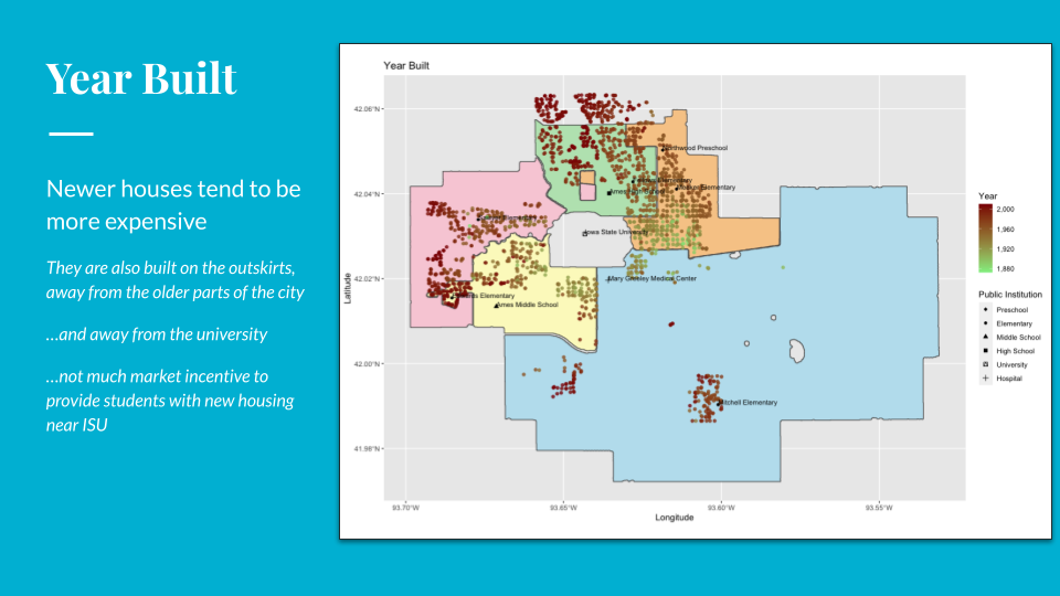 Map of properties colored by age on a scale where darker green indicates higher prices. Properties are overlaid on the previous image of public school districts